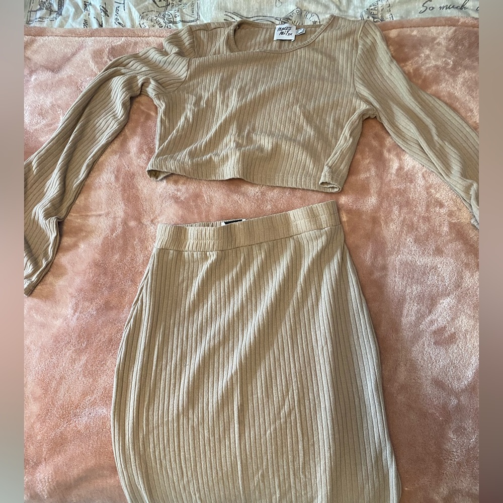 Princess Polly midi skirt and cropped long sleeve top set in tan.